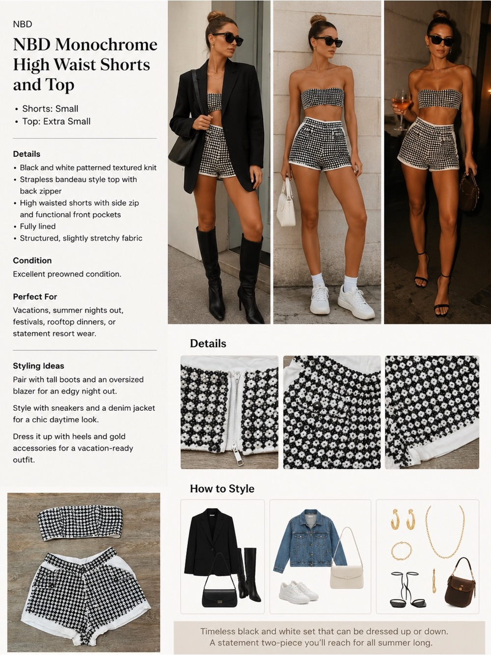 🖤 NBD Monochrome Textured Shorts Set | Bandeau XS, Shorts S
